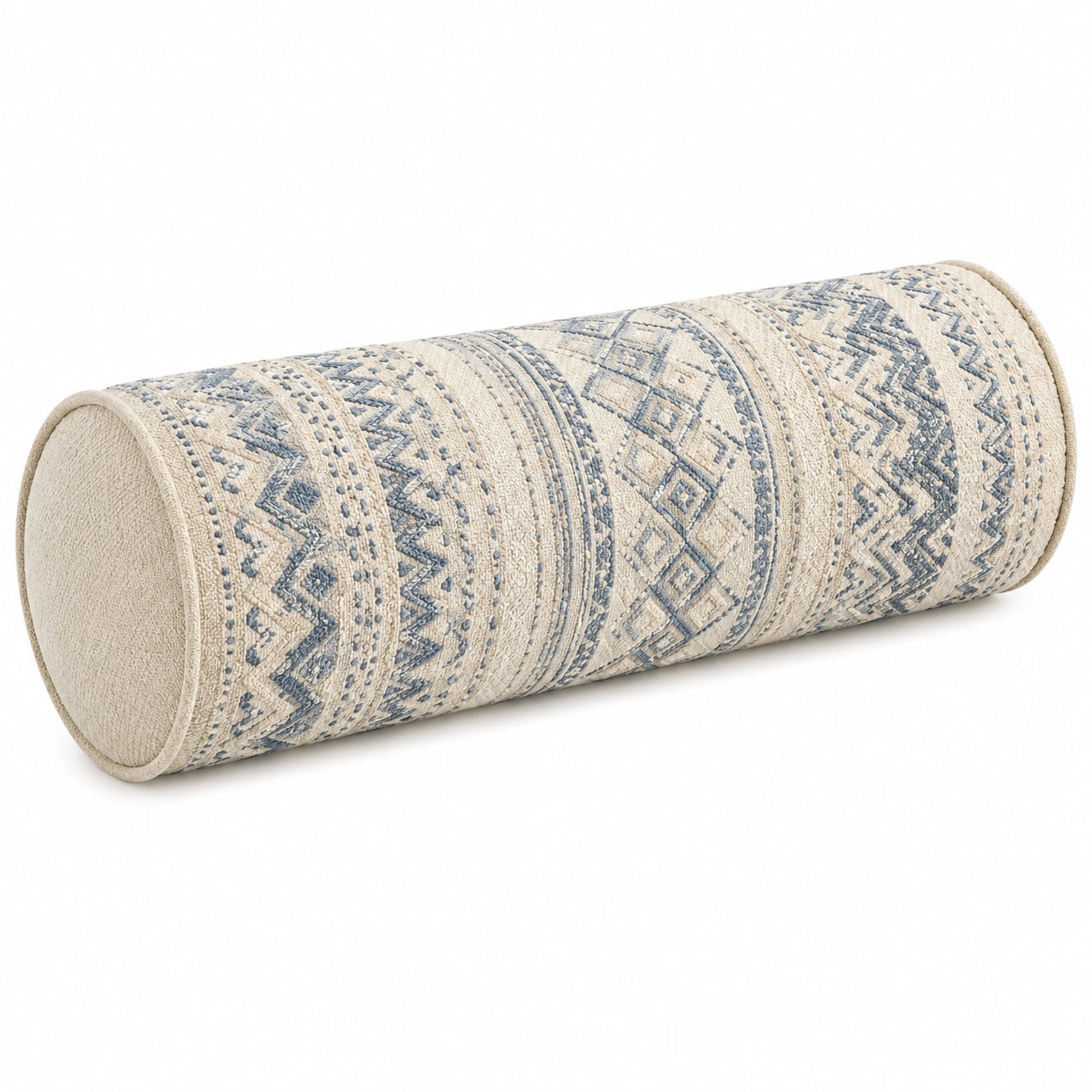 Coussin traversin cylindrique 20 x 50 cm en tissu beige et bleu à motif géométrique décoratif