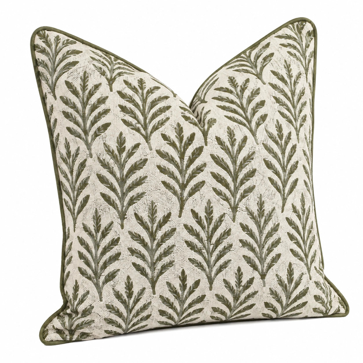 Coussin décoratif 45 x 45 cm textile vert et écru motif végétal pour canapé style naturel