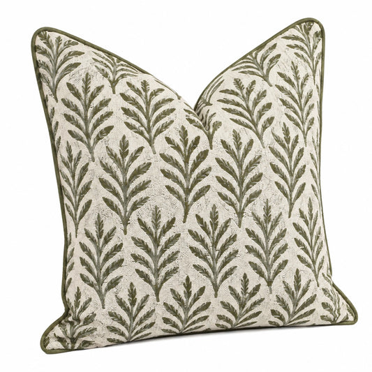 Coussin décoratif 45 x 45 cm textile vert et écru motif végétal pour canapé style naturel