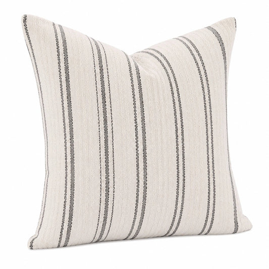 Coussin décoratif 45 x 45 cm en tissu écru et gris à rayures tissées
