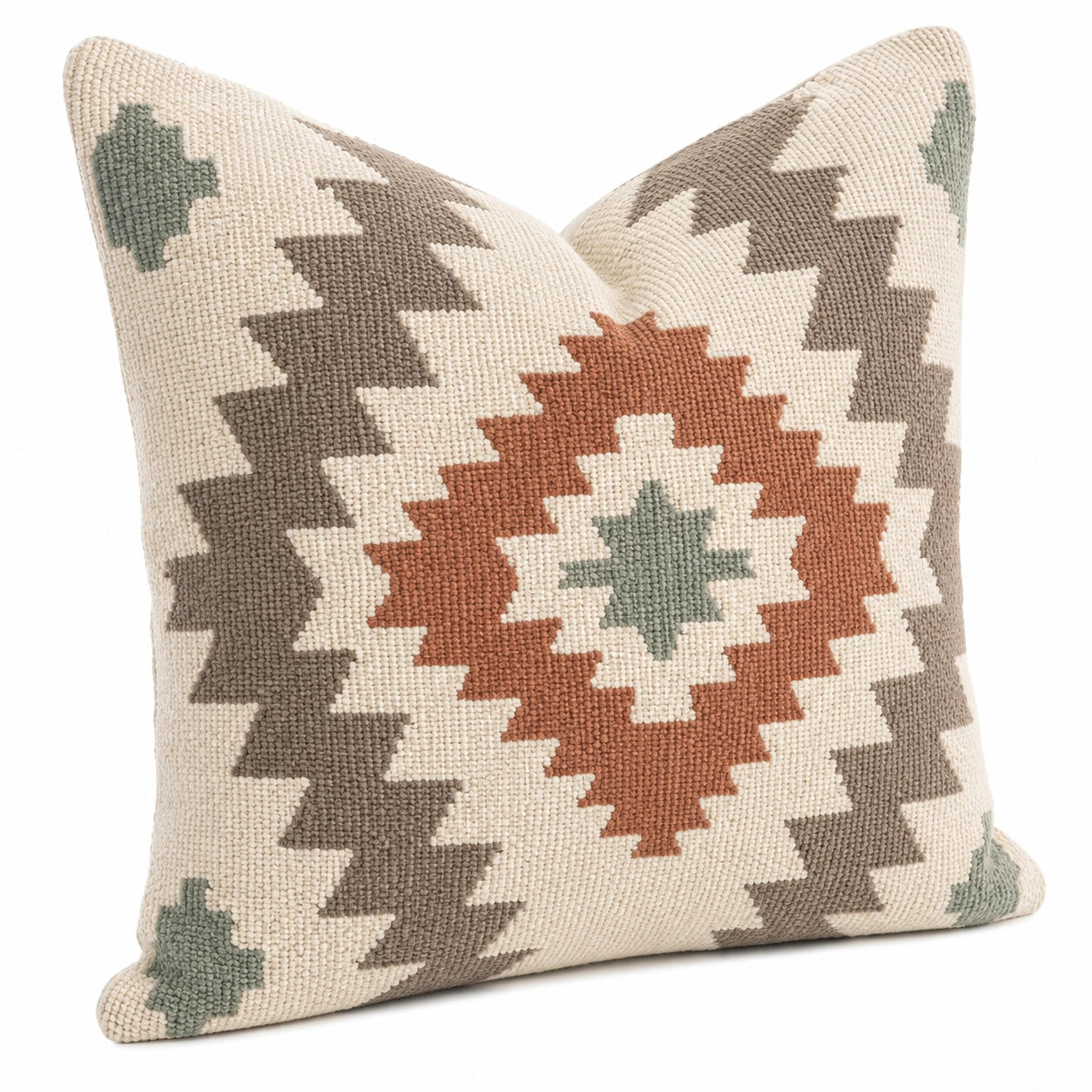 Coussin décoratif 45 x 45 cm en tissu tissé écru terracotta vert motif géométrique