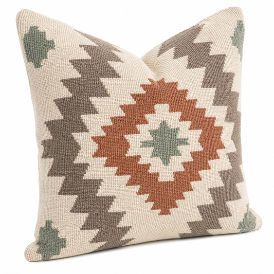 Coussin décoratif 45 x 45 cm en tissu tissé écru terracotta vert motif géométrique