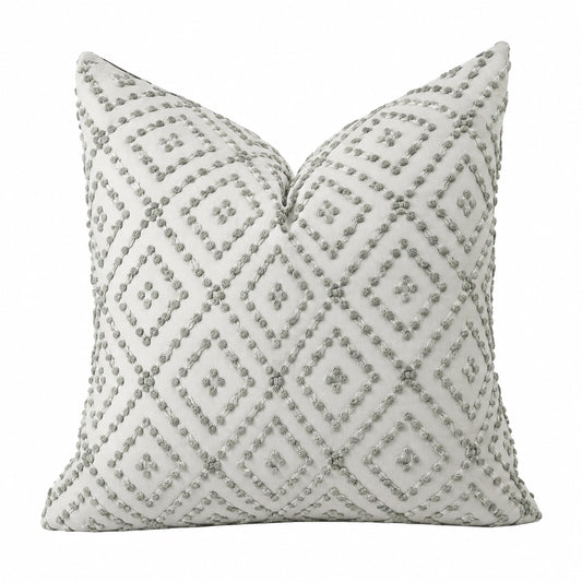 Coussin décoratif 45 x 45 cm en tissu blanc et gris à motif géométrique texturé