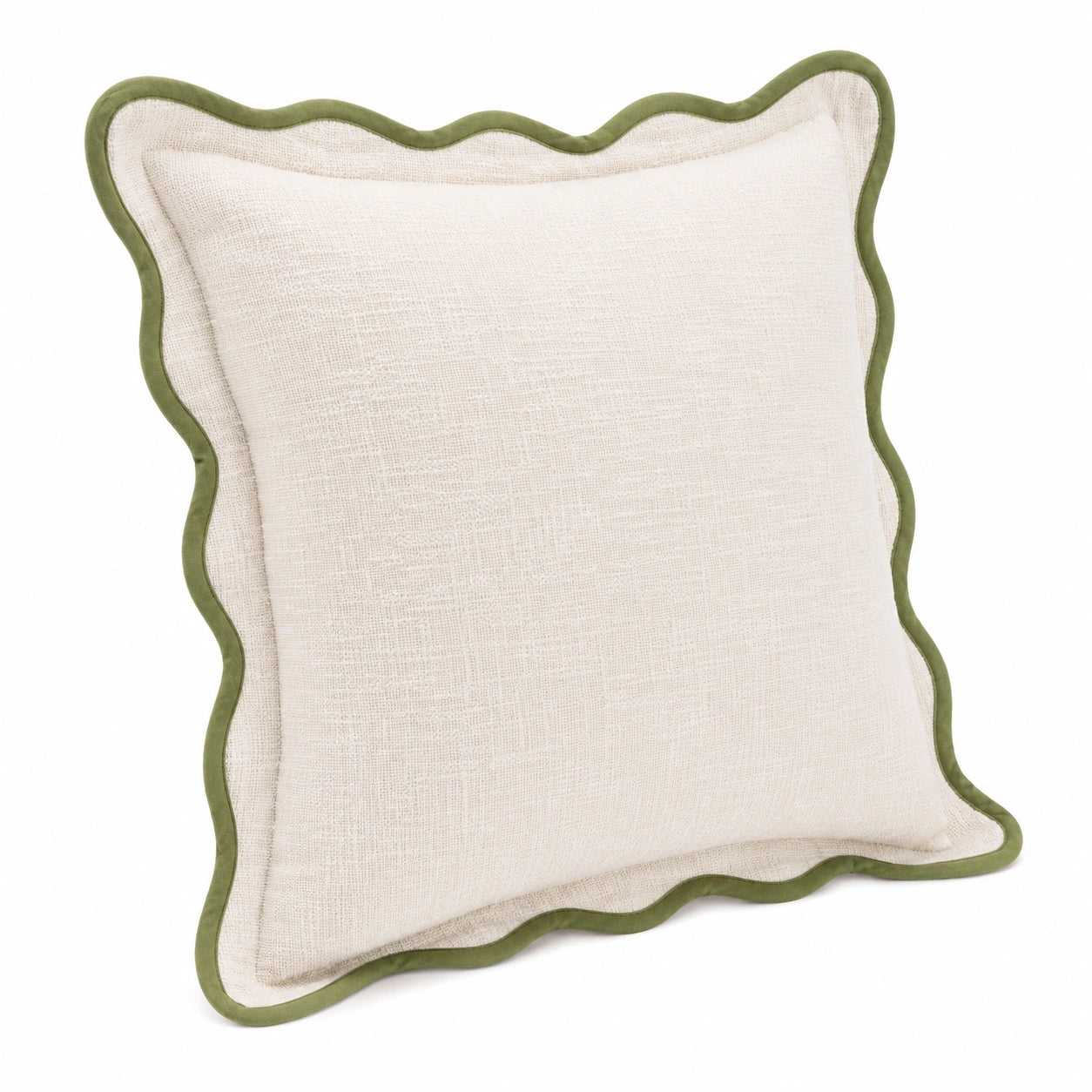 Coussin décoratif 45 x 45 cm en tissu beige vert à bord ondulé