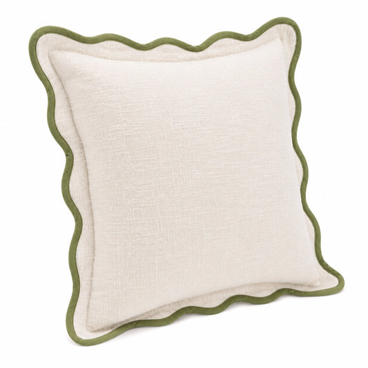 Coussin décoratif 45 x 45 cm en tissu beige vert à bord ondulé