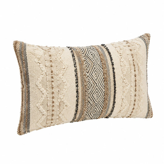 Coussin décoratif 50 x 30 cm en tissu écru marron noir style bohème