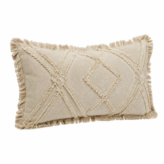 Coussin décoratif rectangulaire 50 x 30 cm en tissu écru à franges style bohème