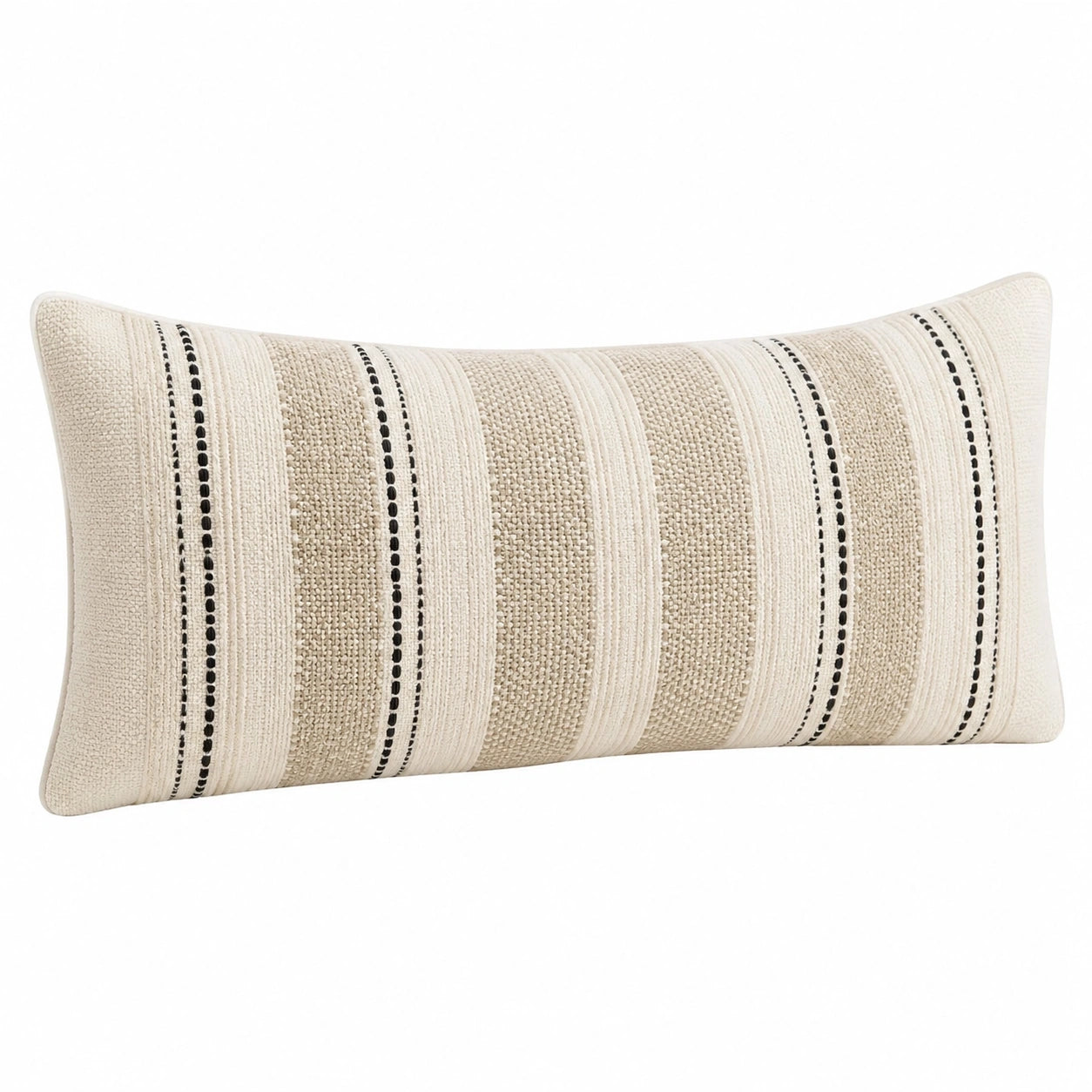 Coussin décoratif 50 x 30 cm en tissu beige et noir à rayures style tissé