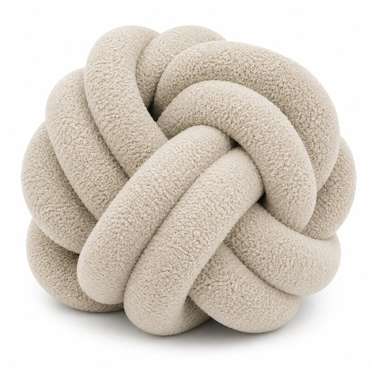 Coussin nœud 35 cm en tissu bouclette beige - décoratif doux