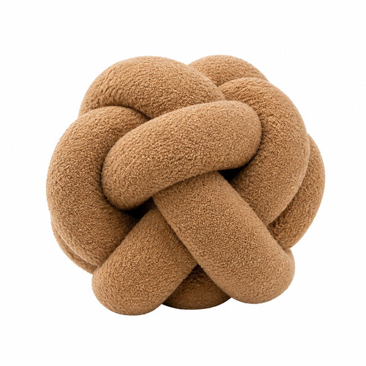 Coussin nœud 30 cm en tissu bouclette camel décoratif
