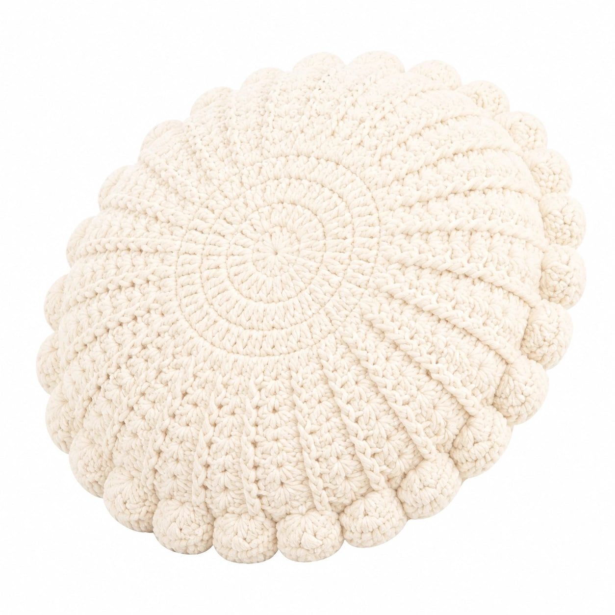 Coussin rond 40 cm en textile crocheté écru décoratif