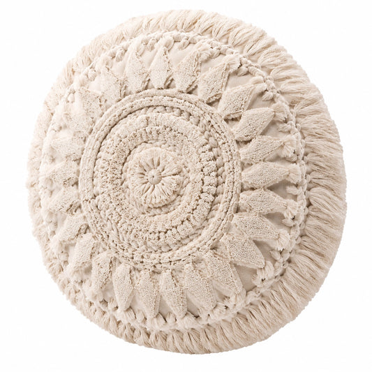 Coussin rond 45 cm en coton écru à franges style bohème