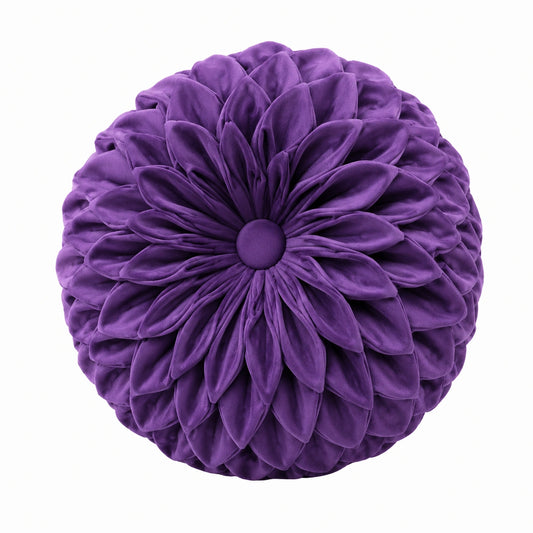 Coussin décoratif rond 40 cm en velours violet motif fleur