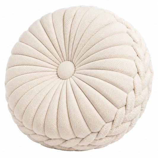 Coussin décoratif rond 45 cm en polyester beige à motif plissé