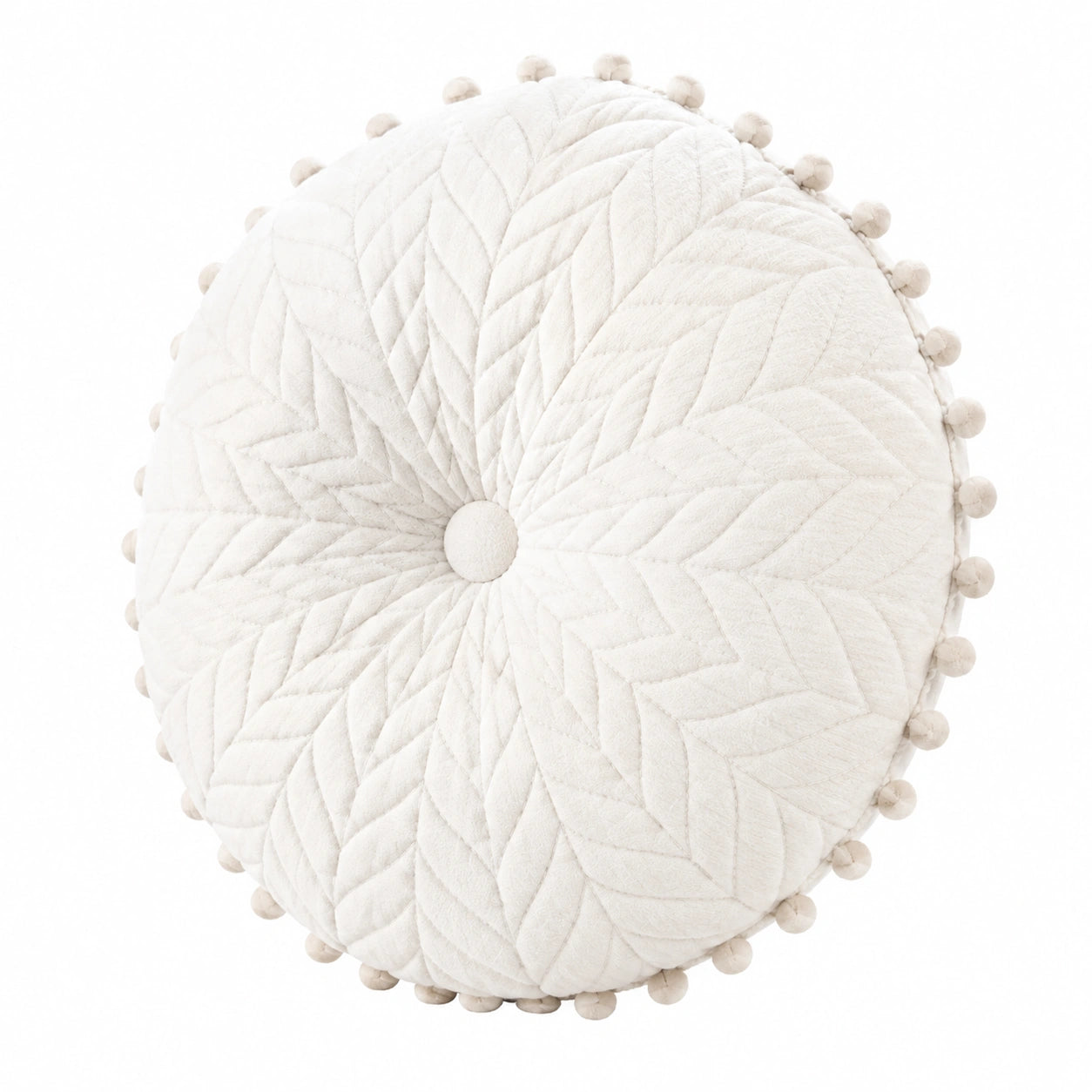 Coussin décoratif rond 45 cm en tissu écru matelassé à pompons style bohème