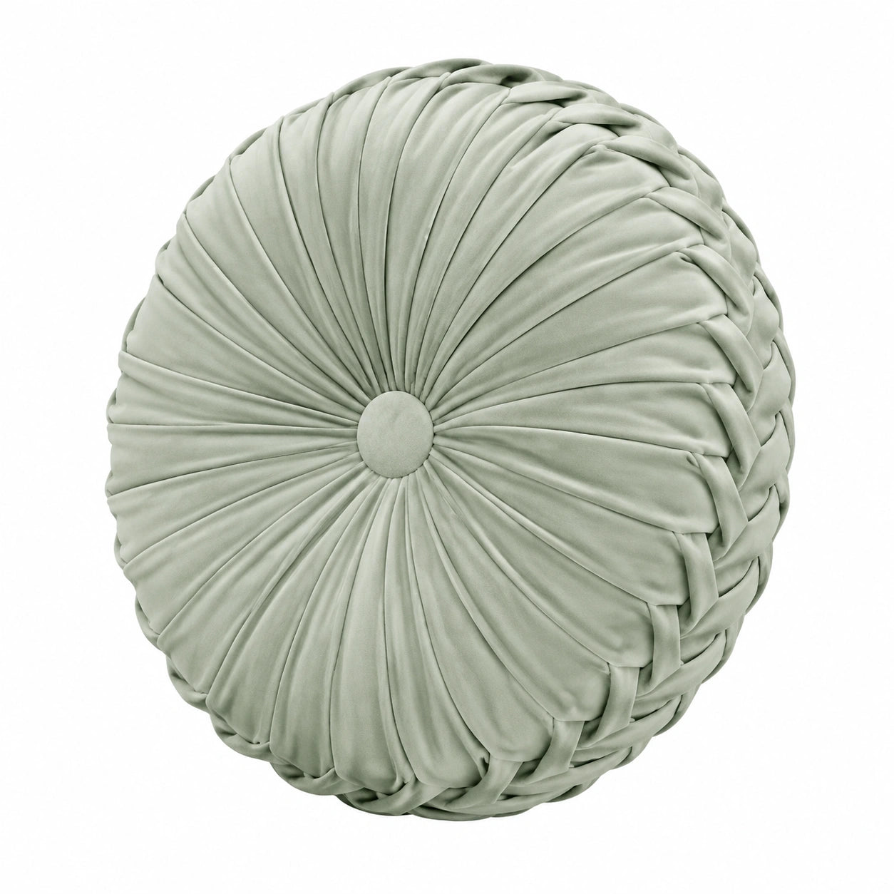 Coussin décoratif rond 40 cm en tissu synthétique vert sauge à plis style capitonné