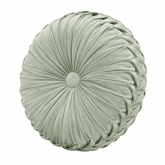 Coussin décoratif rond 40 cm en tissu synthétique vert sauge à plis style capitonné