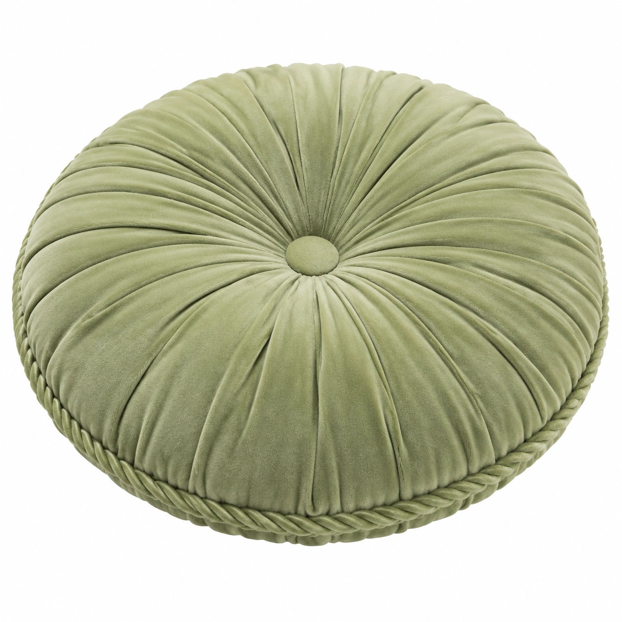 Coussin décoratif rond 40 cm en velours vert sauge à plis