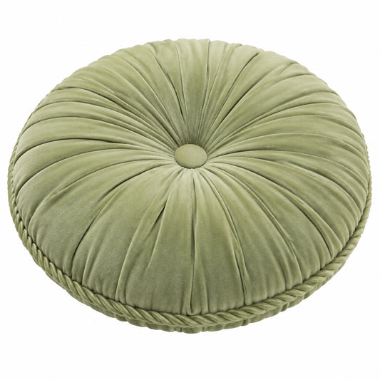 Coussin décoratif rond 40 cm en velours vert sauge à plis