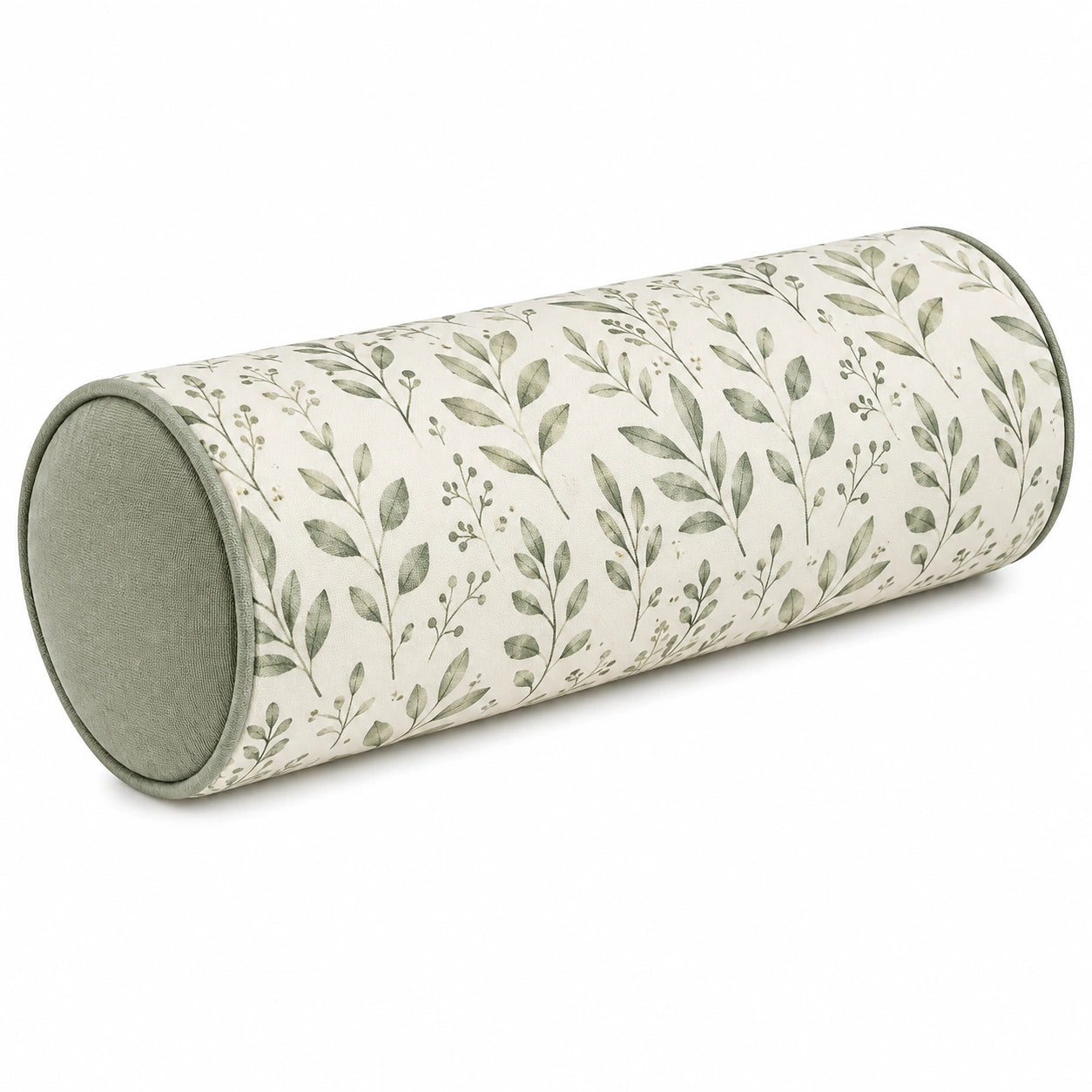 Coussin traversin 45 x 15 cm en tissu vert ivoire à motif végétal décoratif
