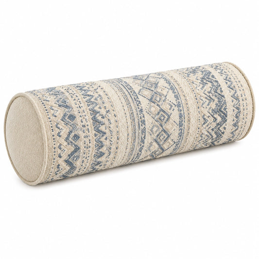 Coussin traversin cylindrique 20 x 50 cm en tissu beige et bleu à motif géométrique décoratif